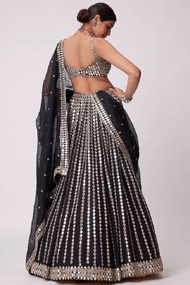 Black Zari Embroidered with Paper Mirror work Organza indian lehenga choli dress 3