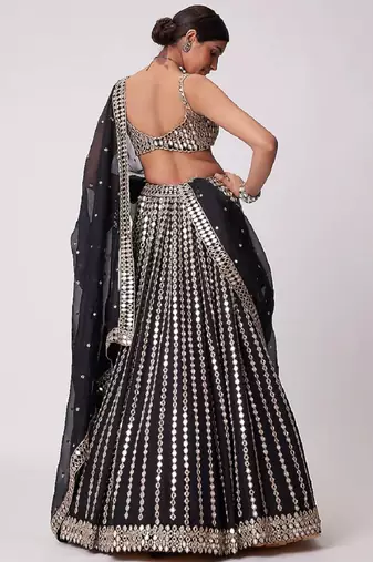 Black Zari Embroidered with Paper Mirror work Organza indian lehenga choli dress