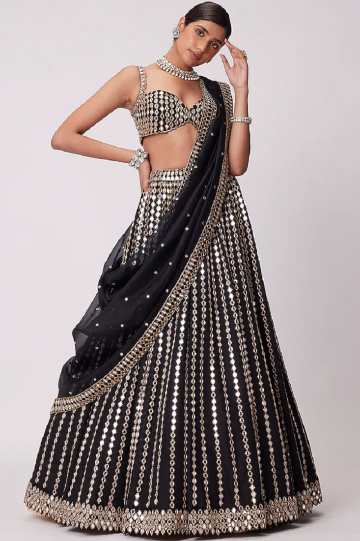 Black Zari Embroidered with Paper Mirror work Organza indian lehenga choli dress