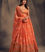 Alluring Orange Lotas Floral Printed And Sequins Embroidered Organza Lehenga Choli For Bride