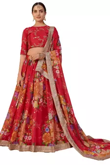 Alluring Orange lotas floral printed and sequins embroidered organza Lehenga choli for bride