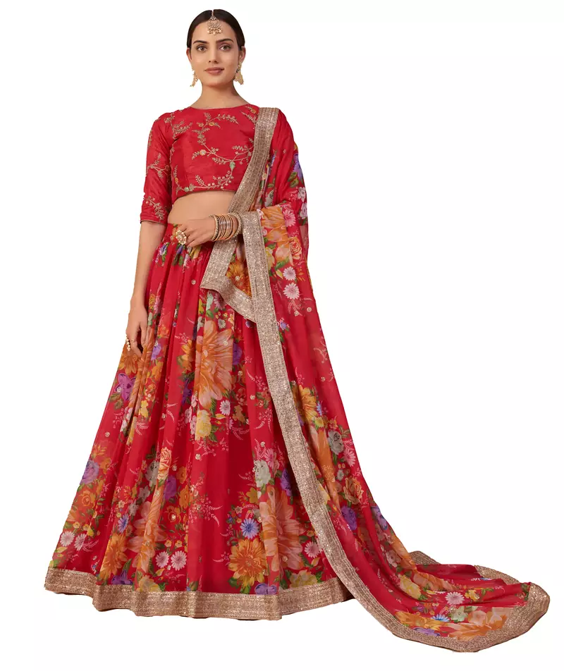 Alluring Orange lotas floral printed and sequins embroidered organza Lehenga choli for bride