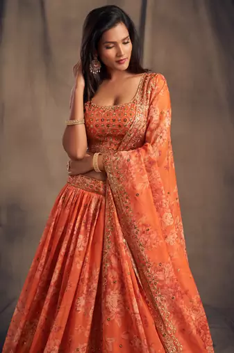 Alluring Orange Lotas Floral Printed And Sequins Embroidered Organza Lehenga Choli For Bride