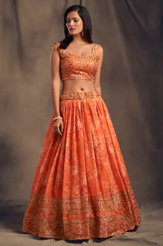 Alluring Orange Lotas Floral Printed And Sequins Embroidered Organza Lehenga Choli For Bride