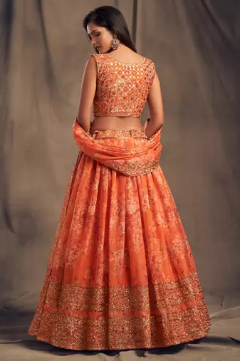 Alluring Orange Lotas Floral Printed And Sequins Embroidered Organza Lehenga Choli For Bride