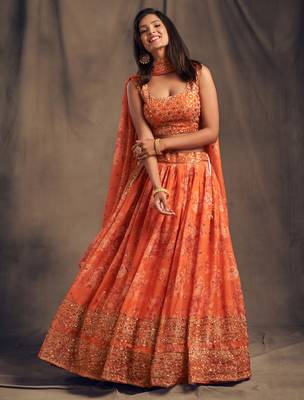 Alluring Orange Lotas Floral Printed And Sequins Embroidered Organza Lehenga Choli For Bride 5
