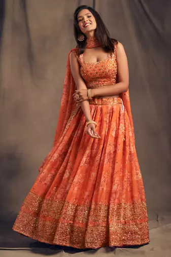 Alluring Orange Lotas Floral Printed And Sequins Embroidered Organza Lehenga Choli For Bride