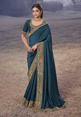 Heavy Vichitra Silk Embroidered Border Saree 1