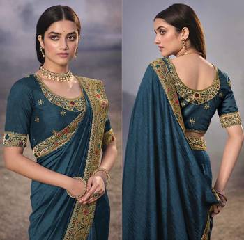 Heavy Vichitra Silk Embroidered Border Saree 2