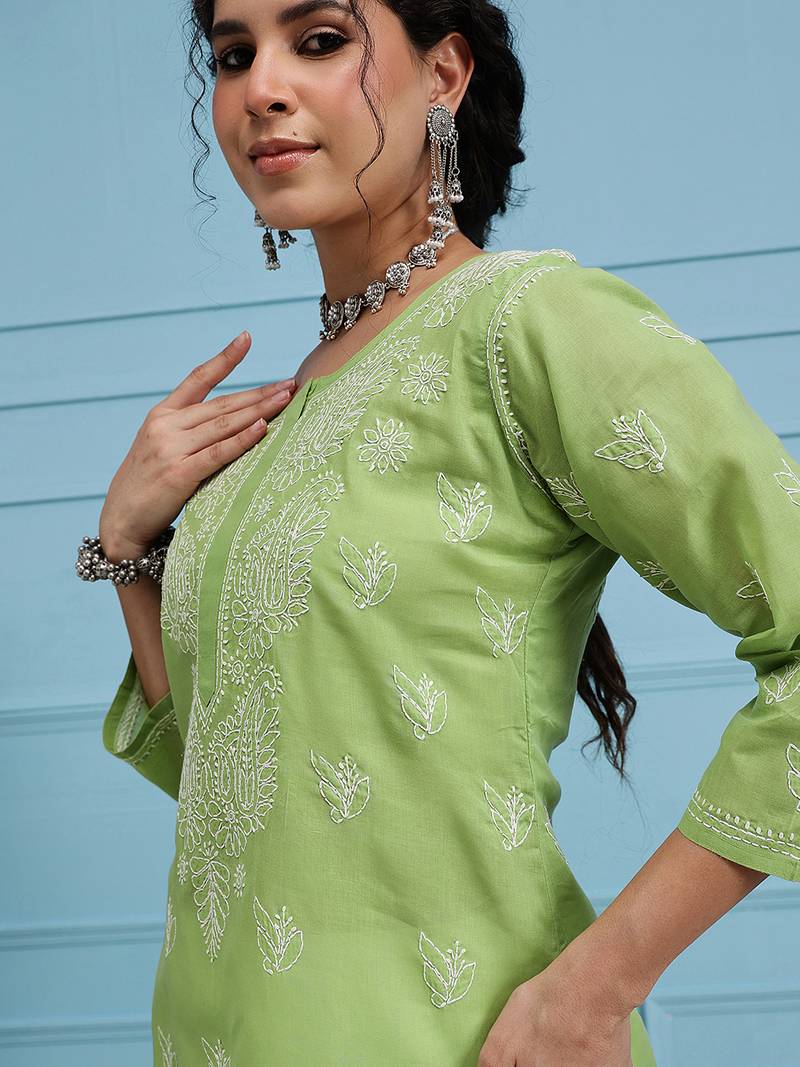 Hand Embroidered Green Cotton Lucknowi Chikan Women Kurta