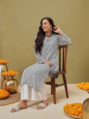 Hand Embroidered Grey Georgette Lucknow Chikankari Women Kurta With Slip 5