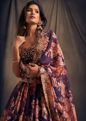 Purple Sequins and Zari Embroidery on Deigital Floral Printed Organza fabric Indian wedding Lehenga dress 2