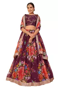 Mesmerizing Purple floral print and sequins embroidered Organza floral Lehenga choli for women