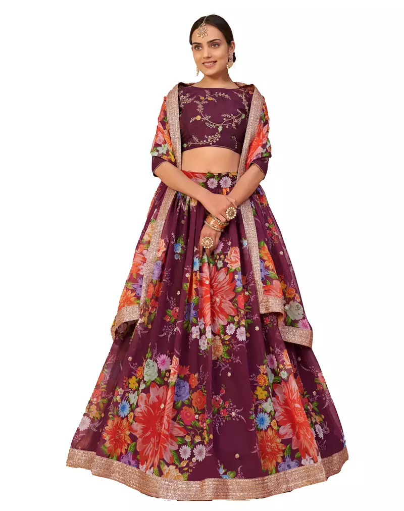 Mesmerizing Purple floral print and sequins embroidered Organza floral Lehenga choli for women