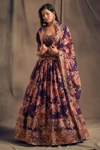 Purple Sequins and Zari Embroidery on Deigital Floral Printed Organza fabric Indian wedding Lehenga dress