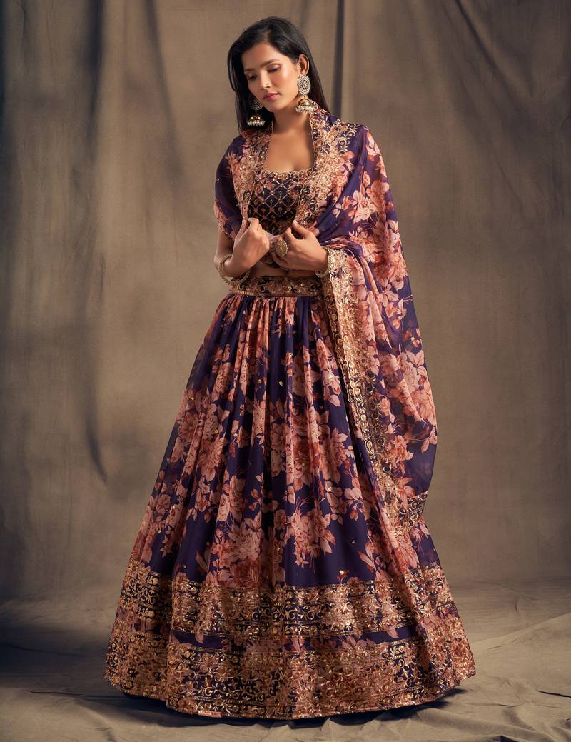 Purple Sequins and Zari Embroidery on Deigital Floral Printed Organza fabric Indian wedding Lehenga dress