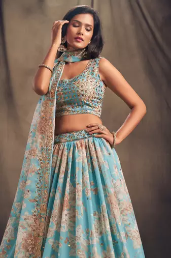  Sky Blue Floral Print And Sequins Embroidered Organza Lehenga Choli For Bride