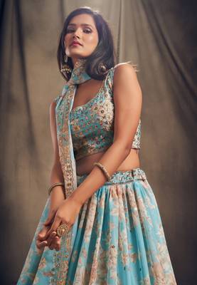  Sky Blue Floral Print And Sequins Embroidered Organza Lehenga Choli For Bride 3