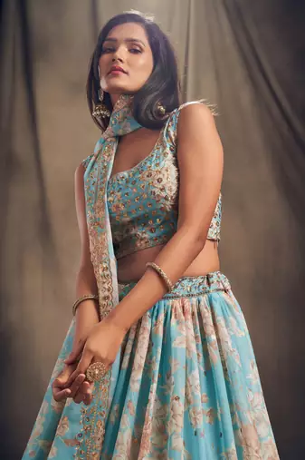  Sky Blue Floral Print And Sequins Embroidered Organza Lehenga Choli For Bride