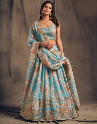  Sky Blue Floral Print And Sequins Embroidered Organza Lehenga Choli For Bride 1