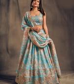  Sky Blue Floral Print And Sequins Embroidered Organza Lehenga Choli For Bride