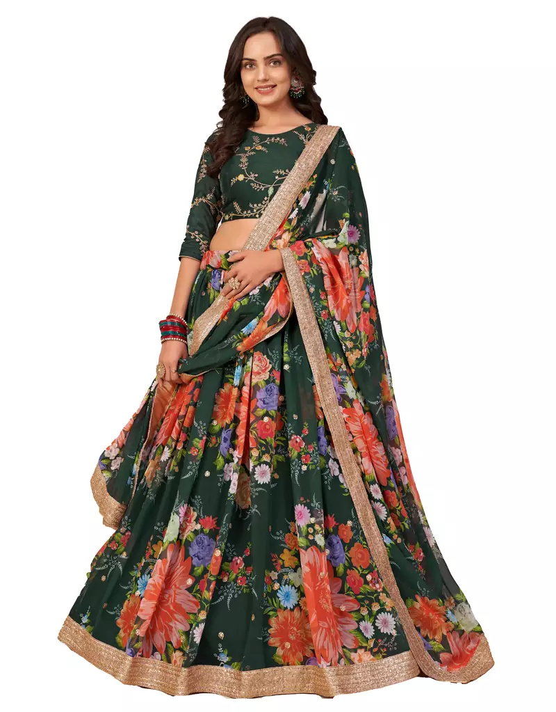 Delightful Sky Blue floral print and sequins embroidered Organza fabric Lehenga choli for bride