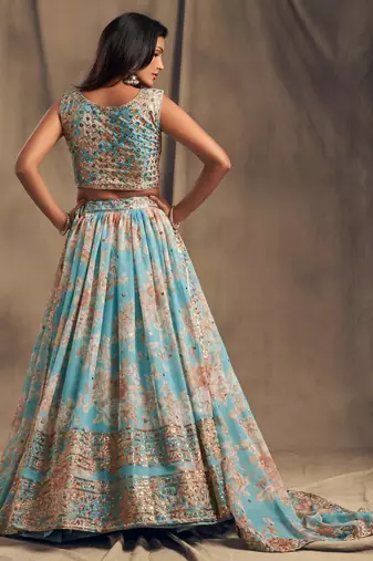  Sky Blue Floral Print And Sequins Embroidered Organza Lehenga Choli For Bride