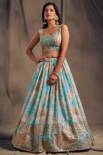  Sky Blue Floral Print And Sequins Embroidered Organza Lehenga Choli For Bride