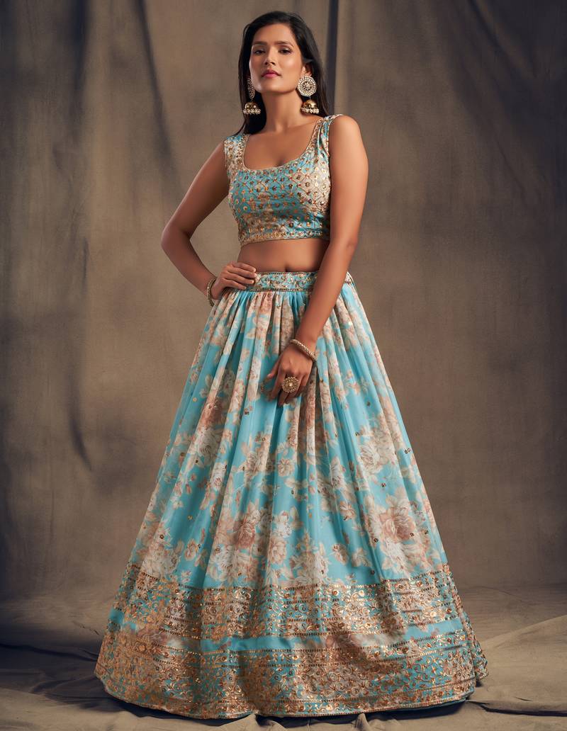  Sky Blue Floral Print And Sequins Embroidered Organza Lehenga Choli For Bride