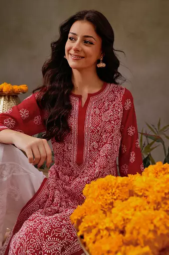 Hand Embroidered Red Faux Georgette Lucknowi Chikankari Women Kurta