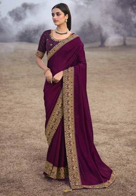 Heavy Vichitra Silk Embroidered Border Saree 1