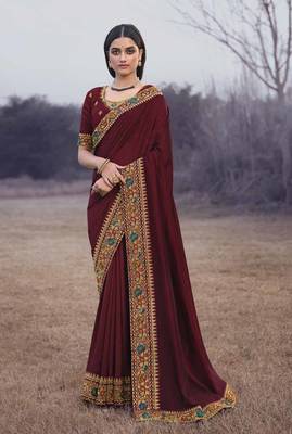 Heavy Vichitra Silk Embroidered Border Saree 1