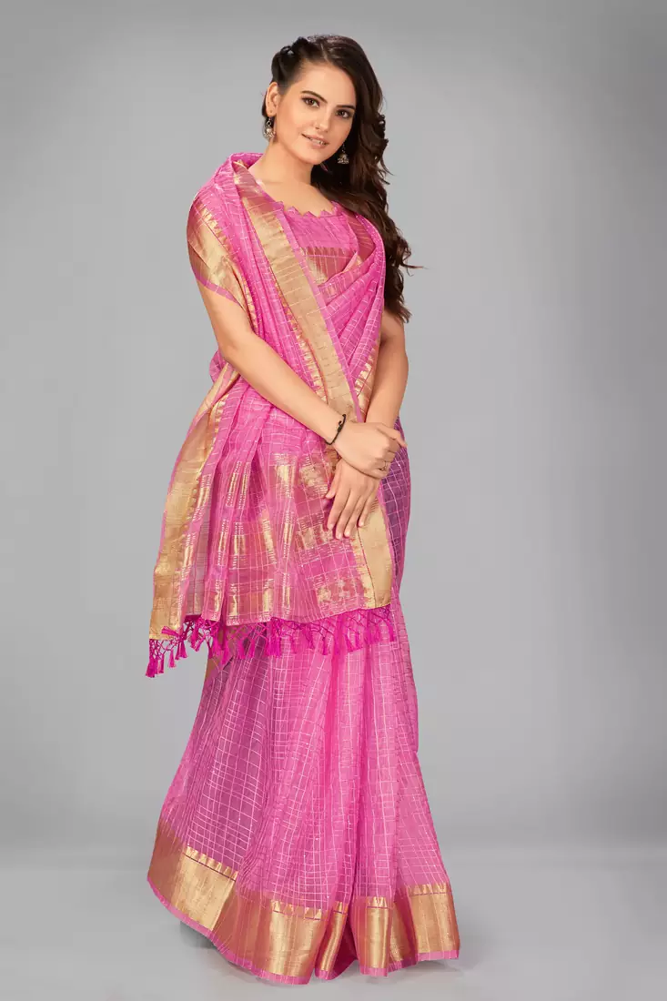 Light pink woven silk saree with blouse