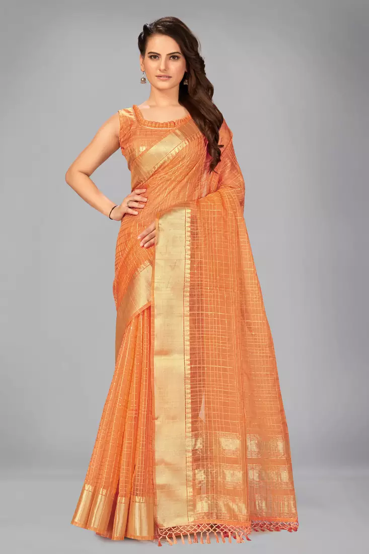 Orange woven silk saree with blouse