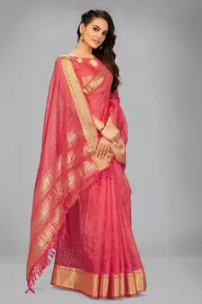 Peach woven silk saree with blouse