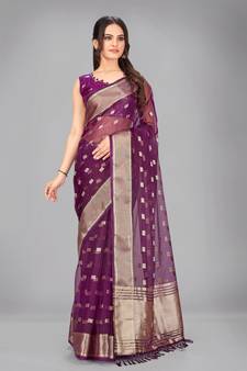 Purple woven silk saree with blouse