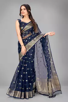 Navy blue woven silk saree with blouse