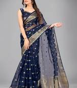 Navy blue woven silk saree with blouse