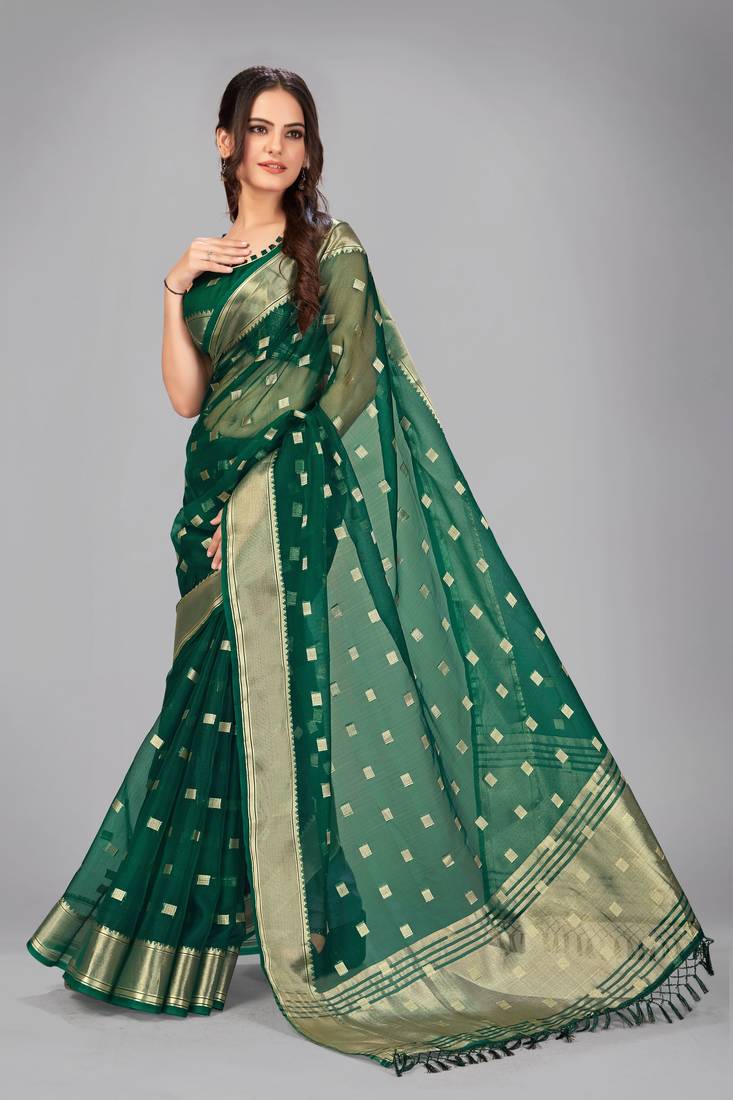Green woven silk saree with blouse