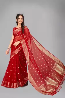 Red woven silk saree with blouse
