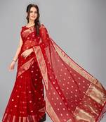 Red woven silk saree with blouse