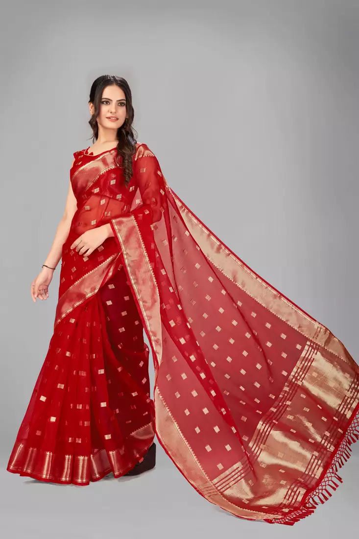 Red woven silk saree with blouse