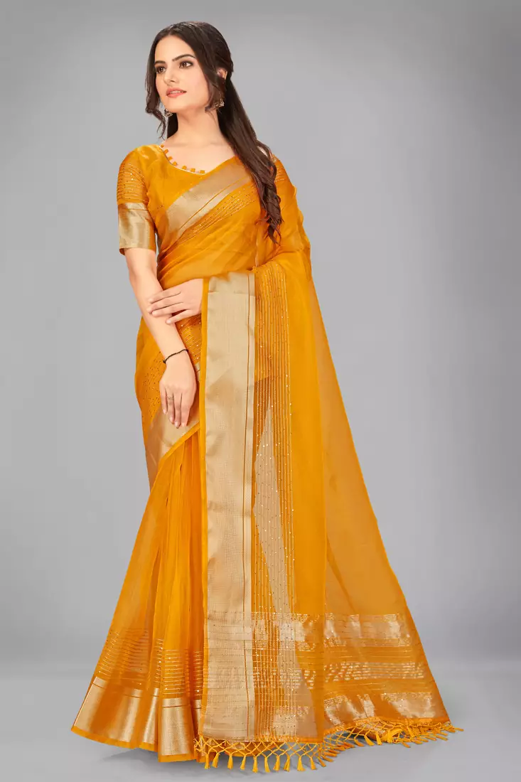 Mustard woven silk saree with blouse