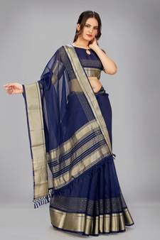 Navy blue woven silk saree with blouse