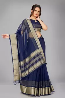 Navy blue woven silk saree with blouse