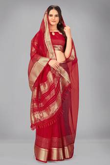 Red woven silk saree with blouse