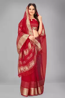 Red woven silk saree with blouse