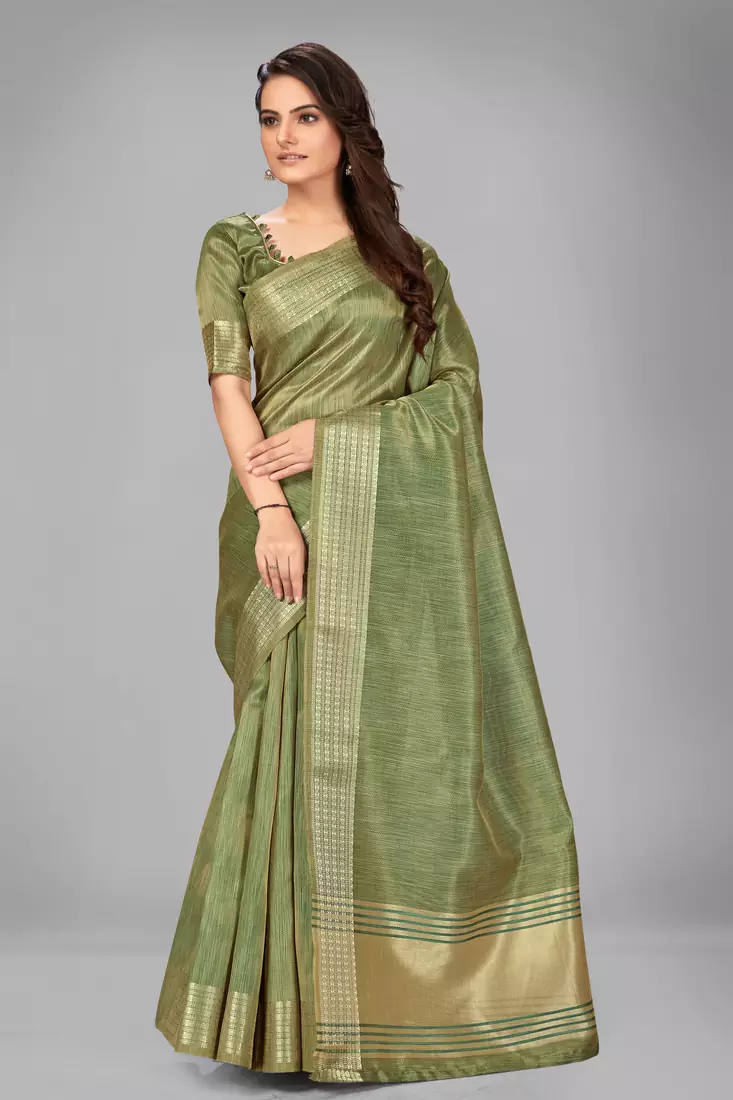 Green plain silk saree with blouse