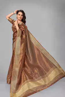 Brown plain silk saree with blouse