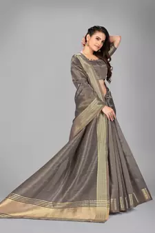 Grey plain silk saree with blouse